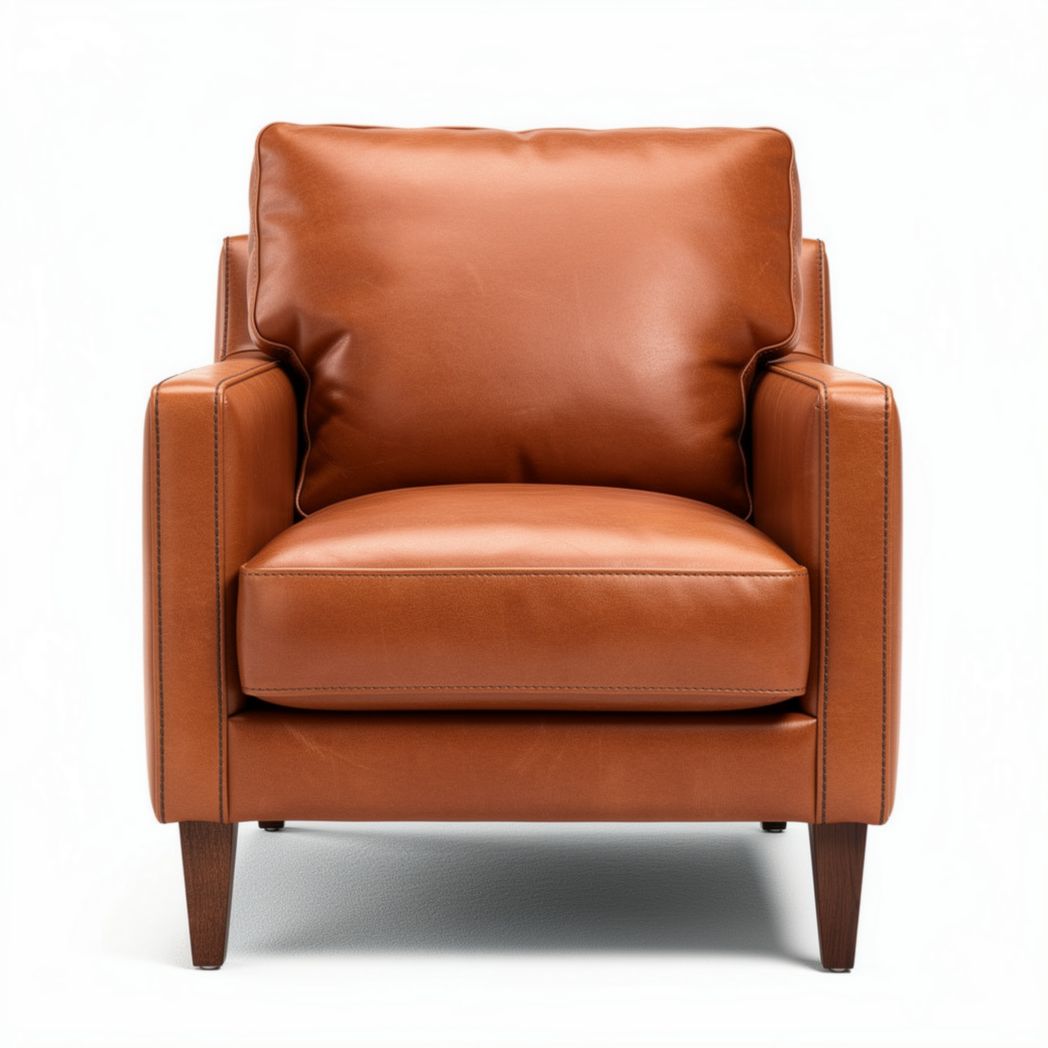 Leerstoel van bruin leer met afmetingen 80 x 80 x 85cm