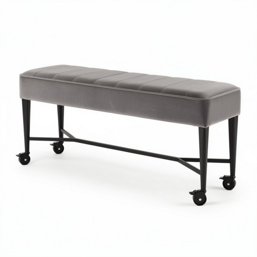 stoffen bankje met wielen 120 x 40 x 45 cm in grijs met metalen onderstel