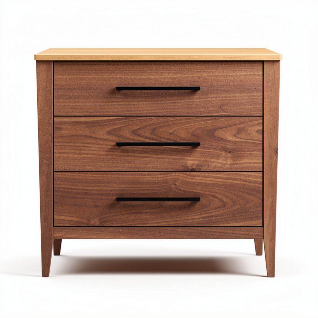 Houten nachtkastje met drie lades en zwarte handgrepen 60 x 45 x 70cm