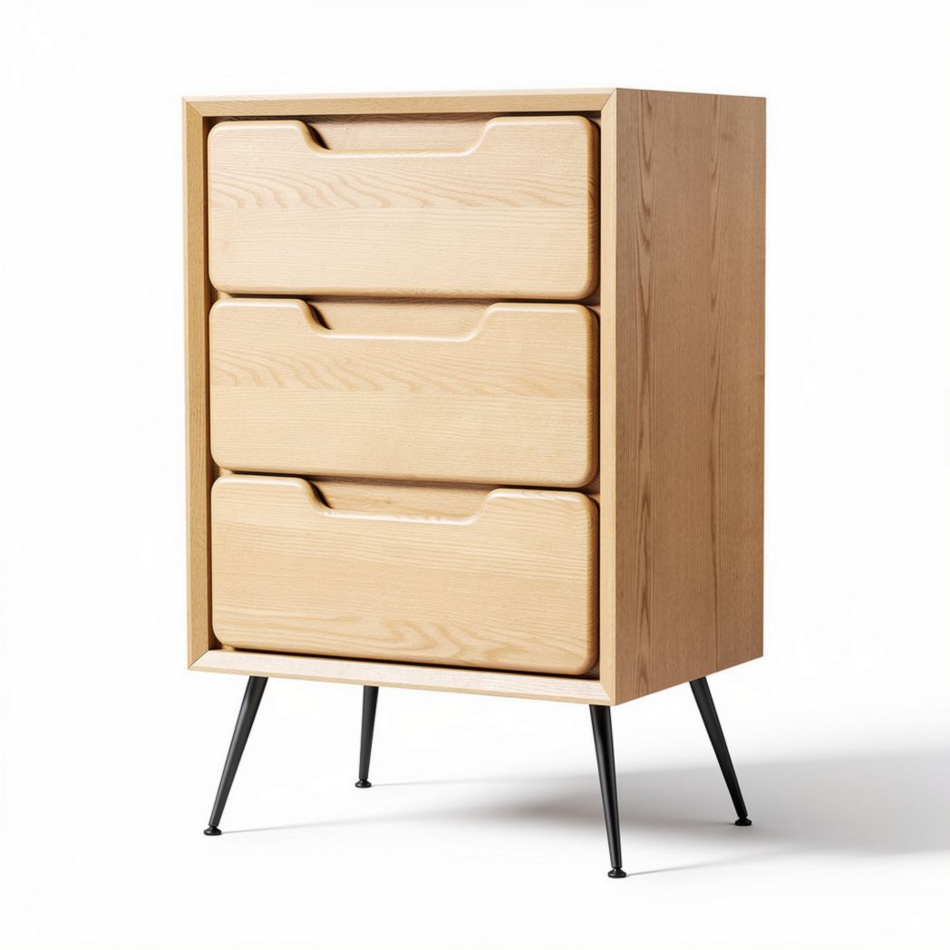 houten ladekast met drie lades en metalen poten 40 x 30 x 80cm
