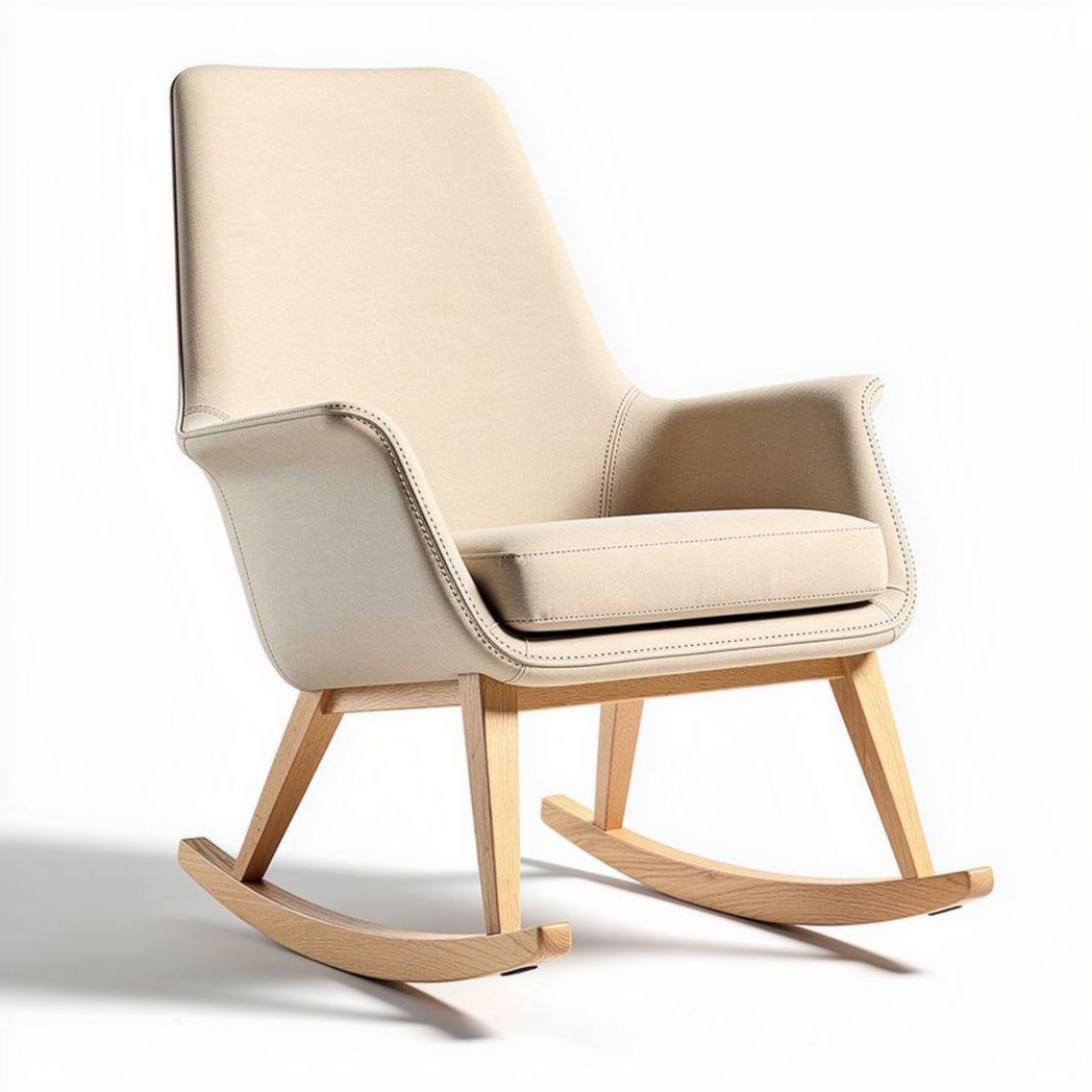 Schommelstoel van natuurlijk hout met een beige stofafwerking 80 x 70 x 90cm