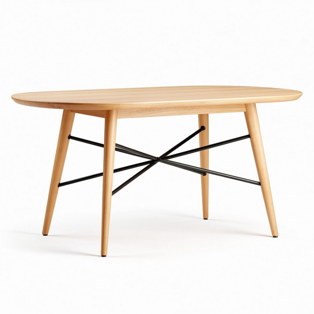 Ovale eettafel met houten blad en zwart metalen onderstel 150 x 75 x 75cm